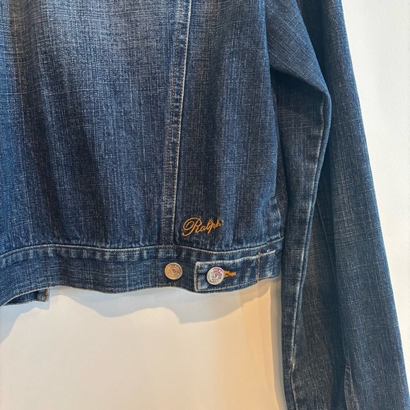 RALPH Ralph Lauren Dark Blue Wash Ruched Shoulder Denim Jean Jacket Medium - Picture 12 of 14